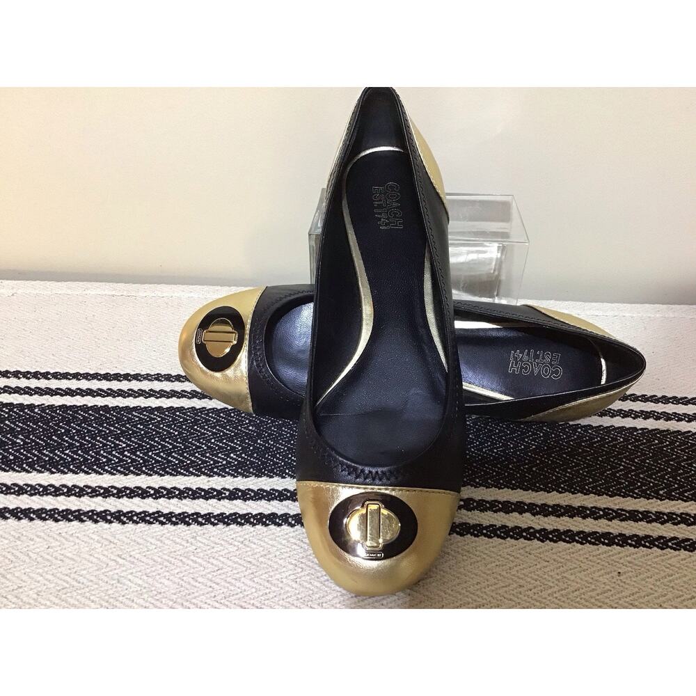 Coach Women’s Shoes Black Gold Flats Sz 10 Old Money Preppy Career Luxury Event - Picture 6 of 9